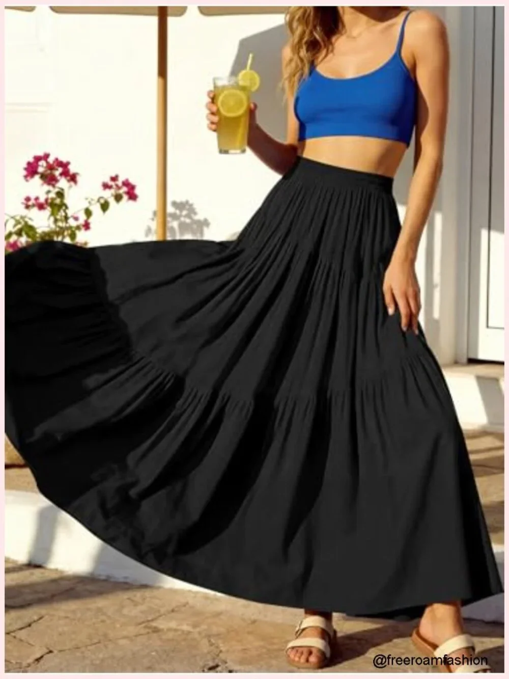 Boho High Waist Pleated A-Line Maxi Skirt with Pockets